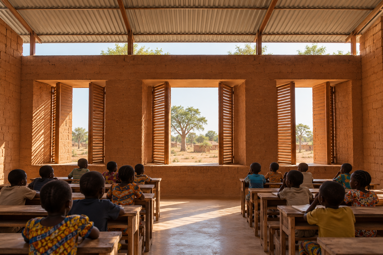 Conceptual view of a shaded, naturally ventilated earth-block classroom in a West African school