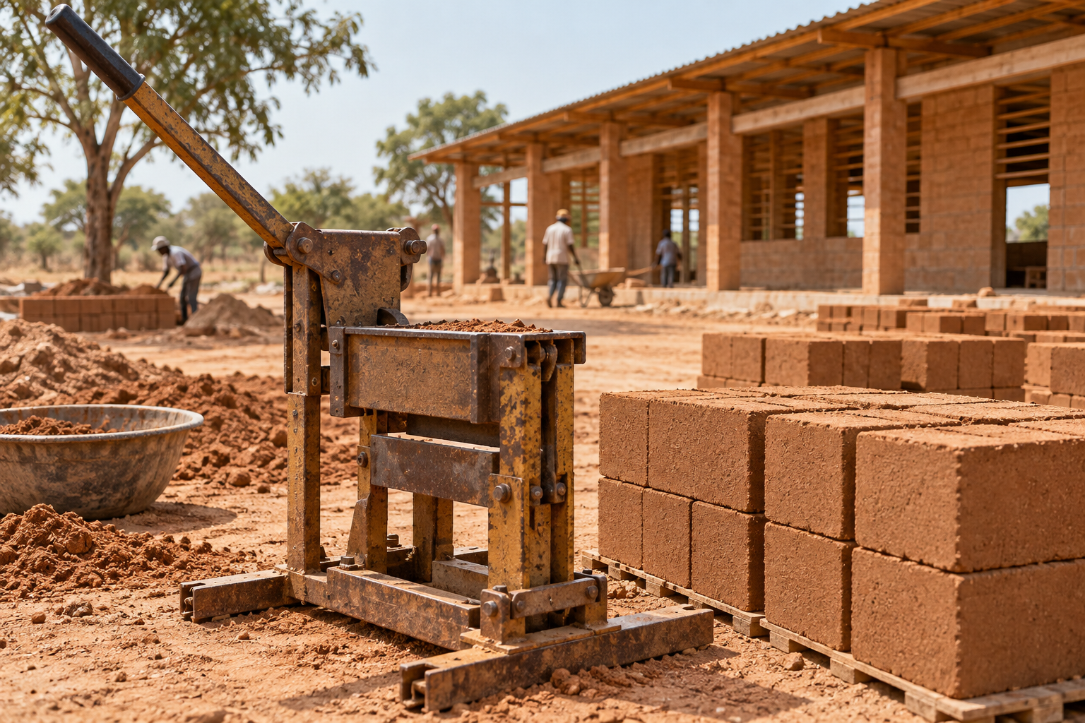 Illustrative close view of locally made earth blocks and hands-on construction