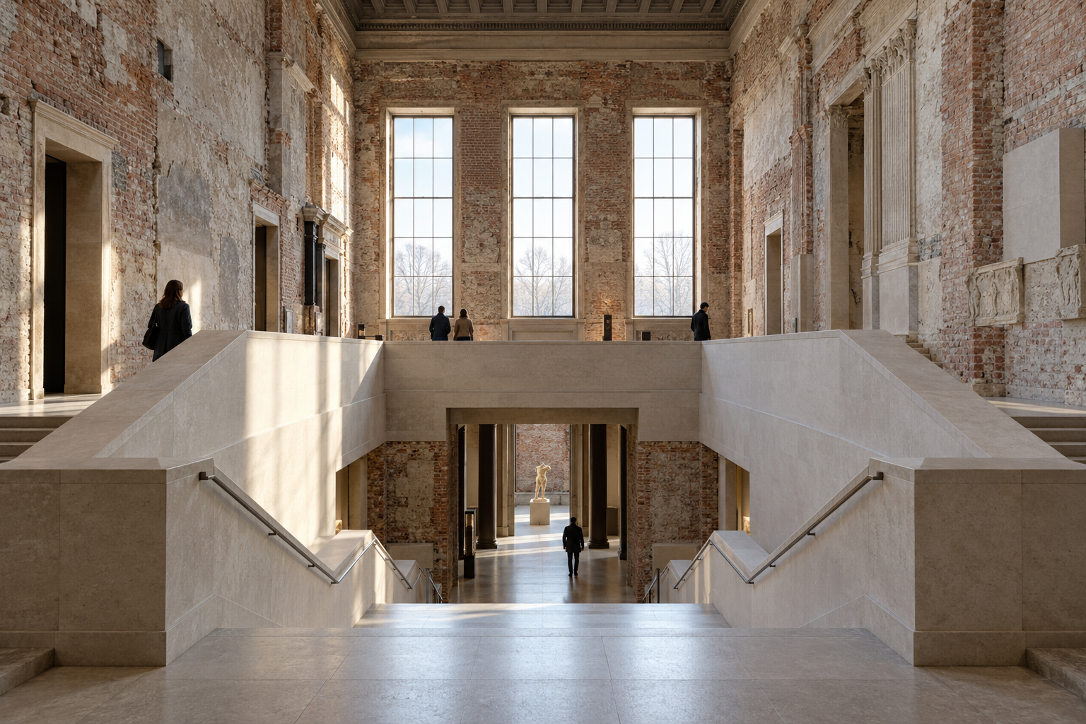 Conceptual view of a museum interior where historic masonry meets restrained contemporary restoration