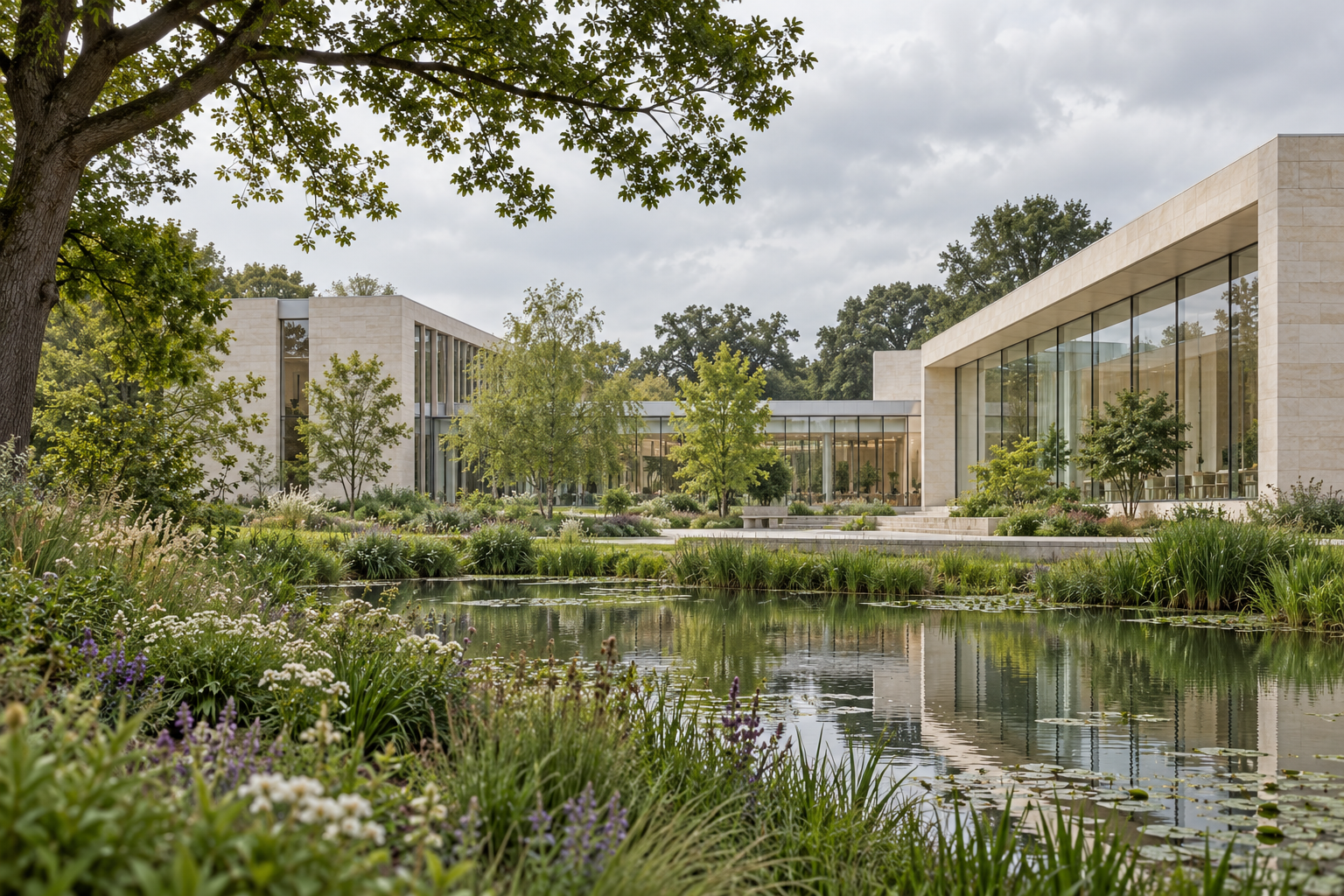 Conceptual research laboratory set among a botanical garden and trees