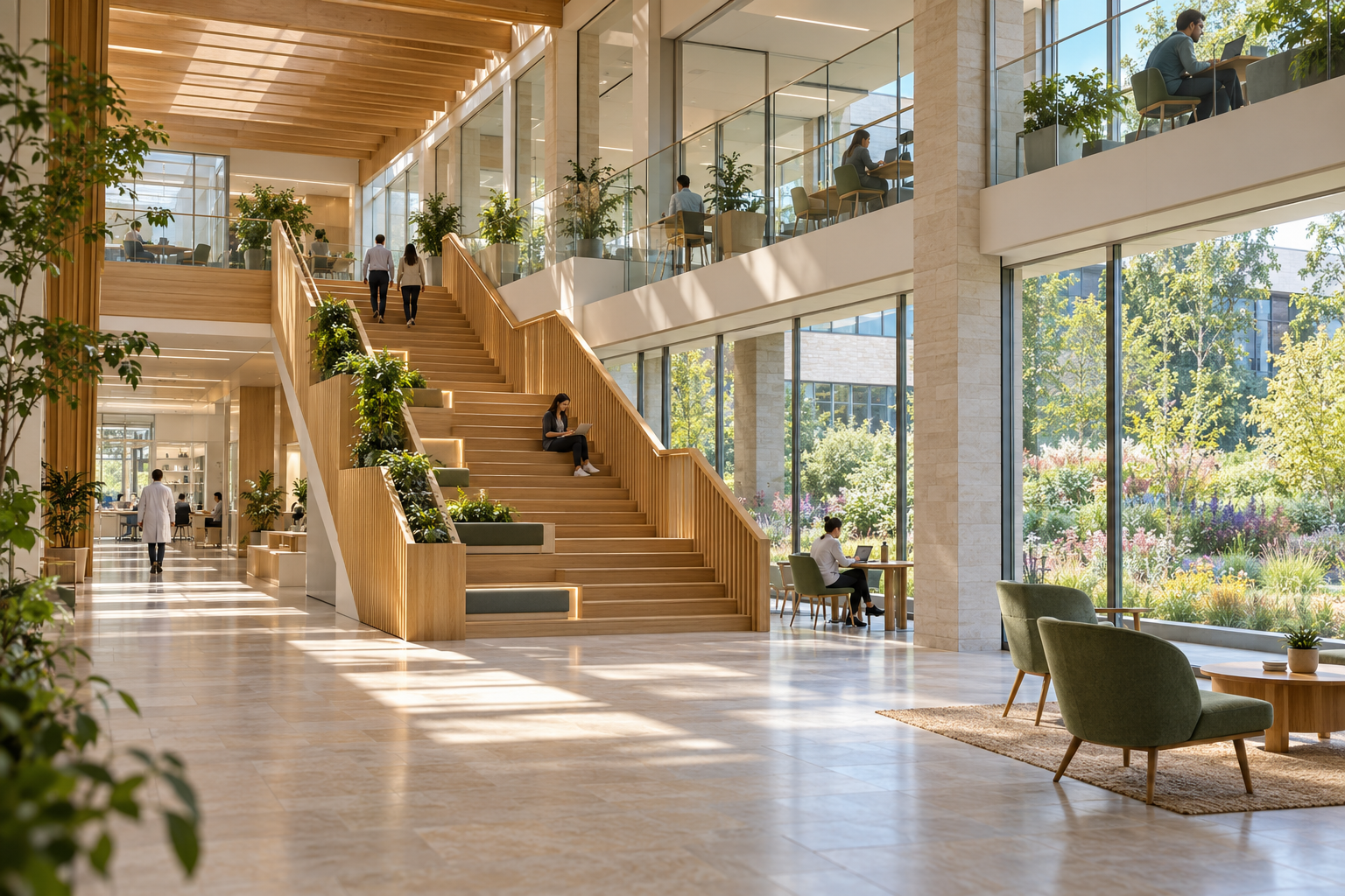 Illustrative light-filled laboratory atrium with a calm, shared workspace