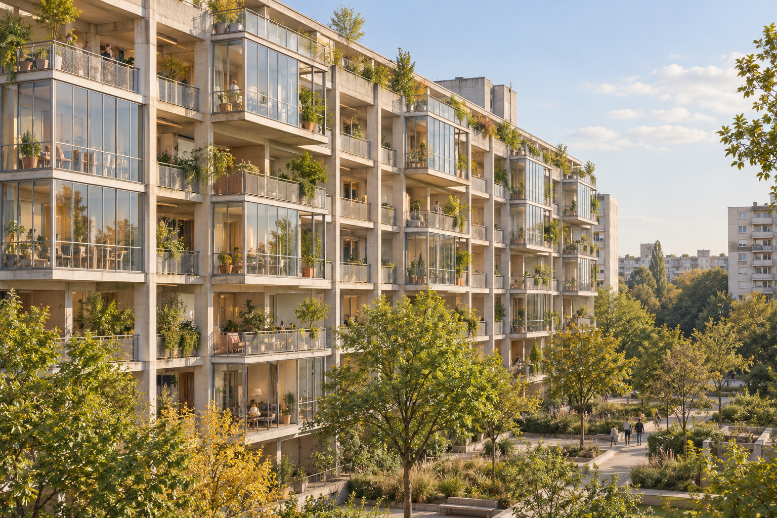 Conceptual view of renovated mid-century housing with glazed winter gardens and balconies