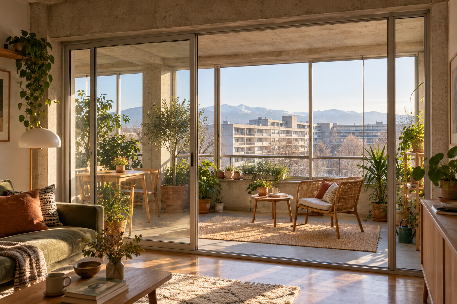 Illustrative winter garden extension connecting an apartment to a planted balcony
