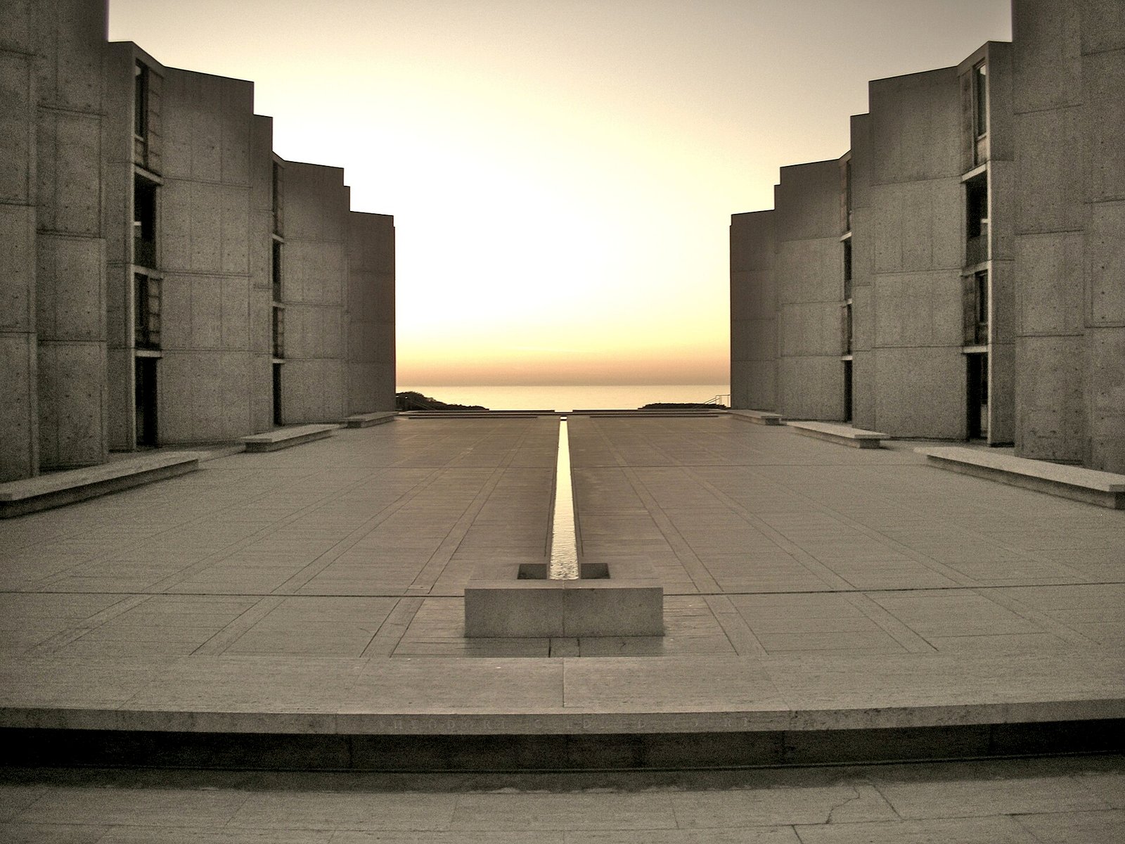 Central water channel leads through the Salk Institute courtyard toward the Pacific.