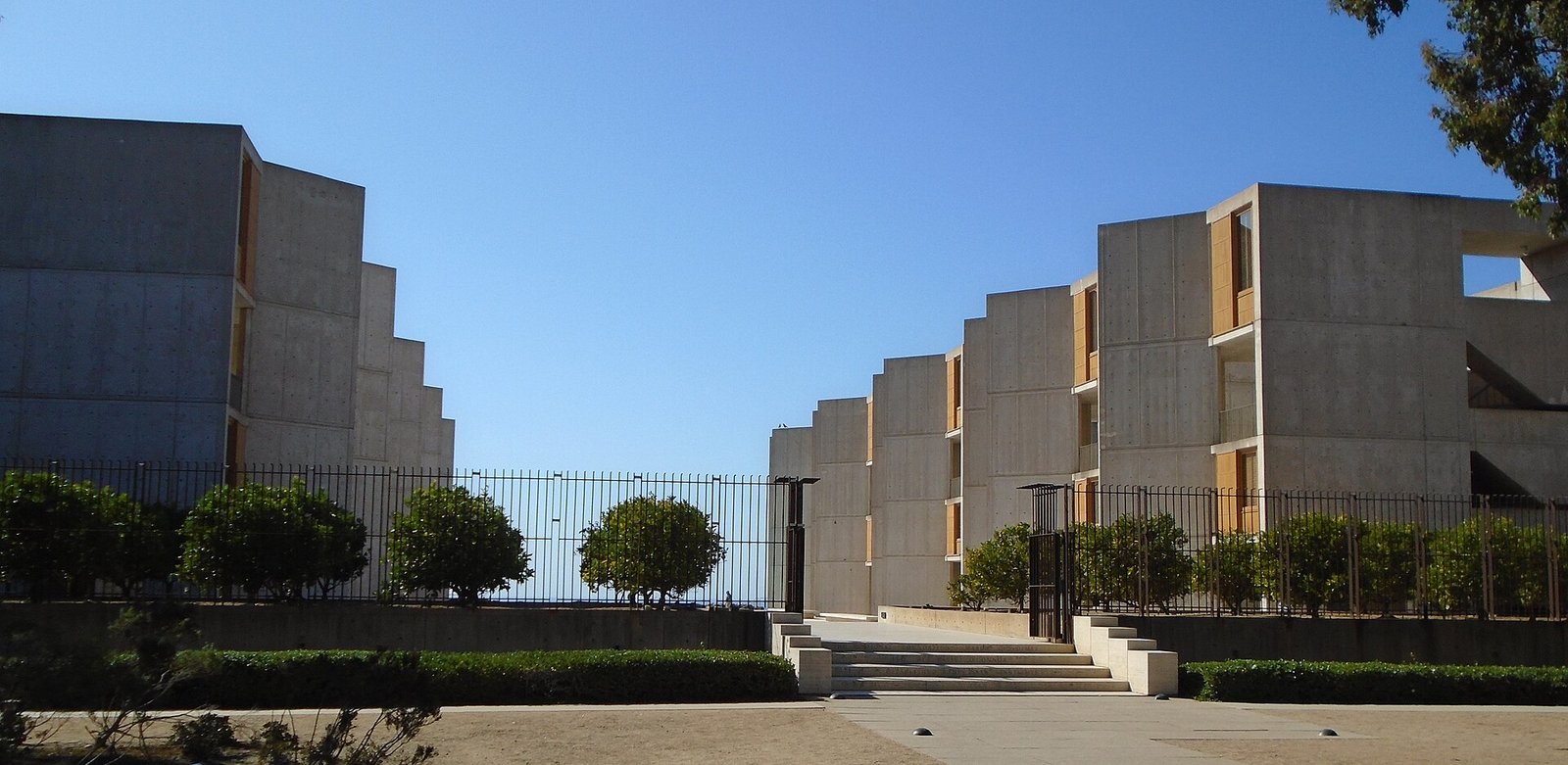 East-facing view of Louis Kahn’s Salk Institute laboratory buildings.