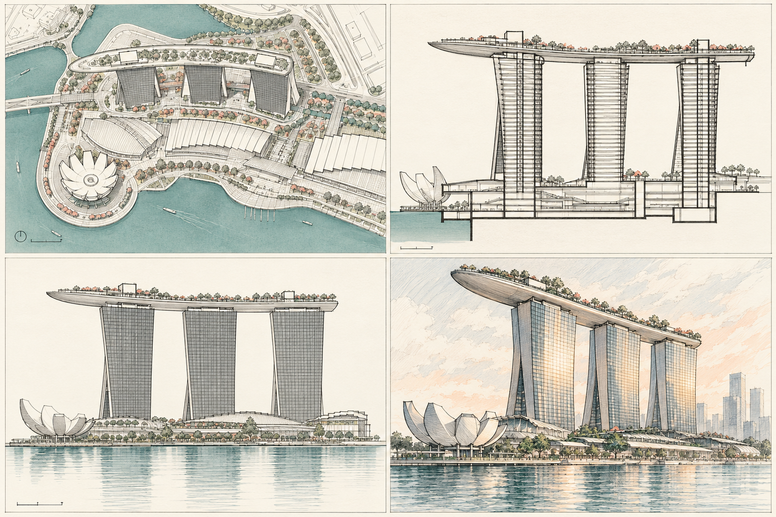 Schematic drawing sheet showing Marina Bay Sands in site plan, section through the three towers and SkyPark, elevation, and perspective sketch.